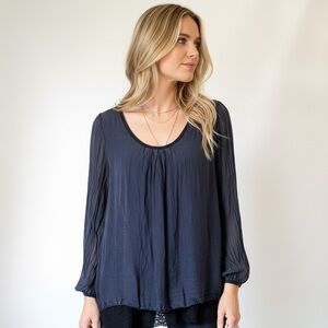 GUISY Silk Blouse M Navy Long Sheer Sleeve Chic Romance Poetic Core Puckered